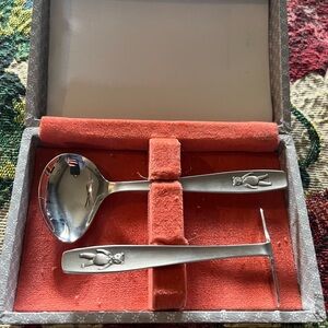 Vintage Stainless Steel baby spoon and food pusher set